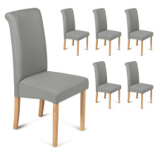 (Grey, 6) Roma Dining Chairs Faux Leather With Scroll Top & Light Oak Leg