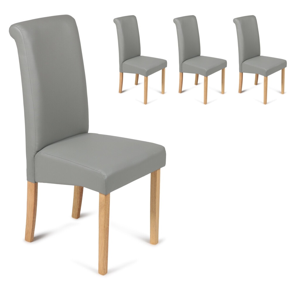 (Grey, 4) Roma Dining Chairs Faux Leather With Scroll Top & Light Oak Leg
