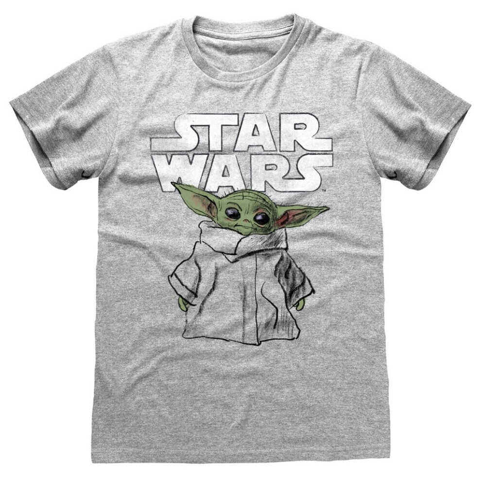 Star Wars (X-Large) - The Mandalorian 'Child Sketch' (Grey) T-Shirt Grey