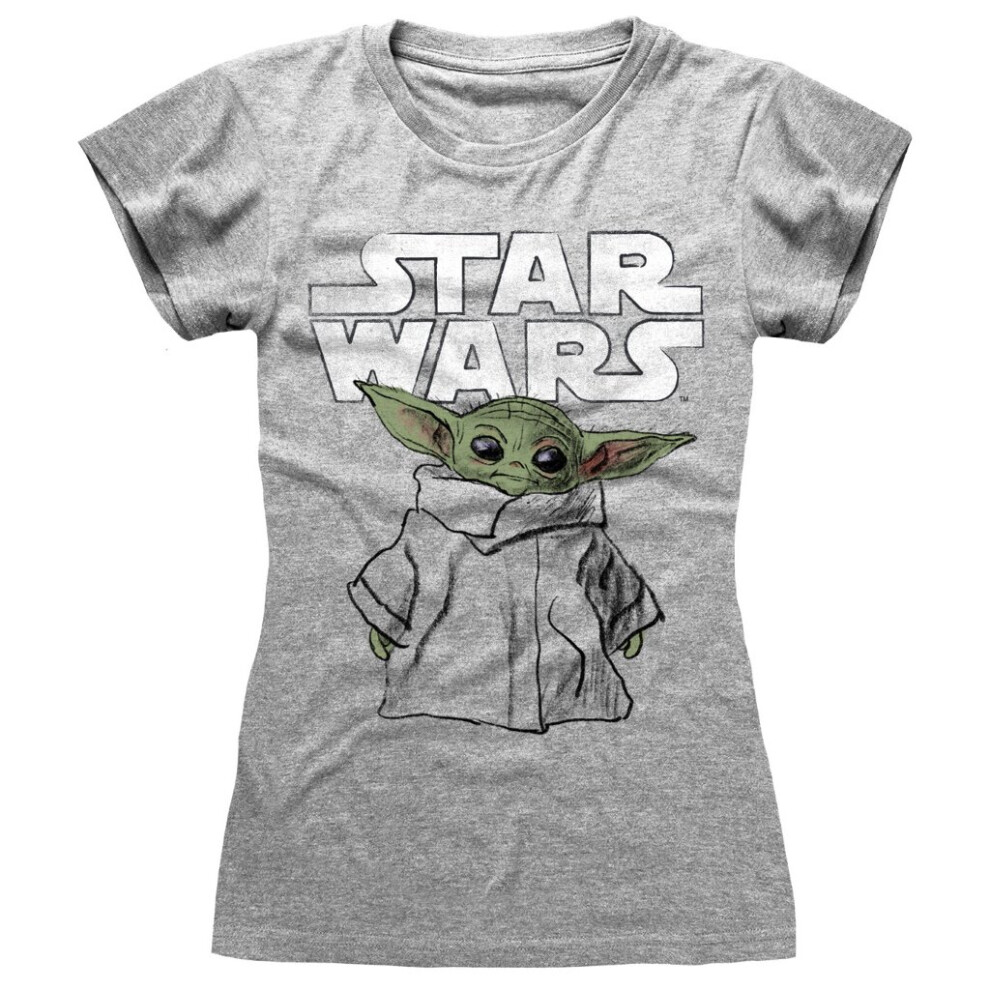 Star Wars (2Xl) - The Mandalorian 'Child Sketch' (Grey) Womens Fitted T-Shirt Grey