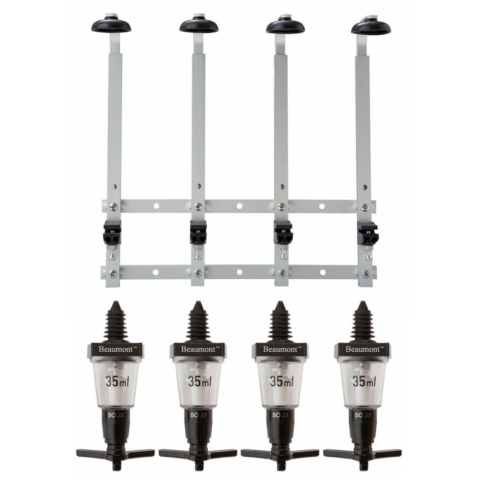 Beaumont 4 X 35Ml Solo Bar Optic Spirit Measure & 4 Bottles 70Cl/1L Wall Mounted Bracket