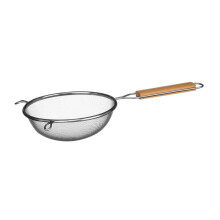 Durable Stainless Steel Sieve with Wooden Handle – Fine Mesh, Overhanging Hooks, 15 x 5 x 13 cm