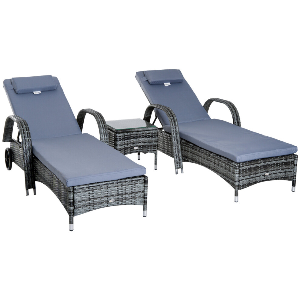 3pc Outsunny Garden Rattan Sun Lounger Set w/ Side Table - Grey