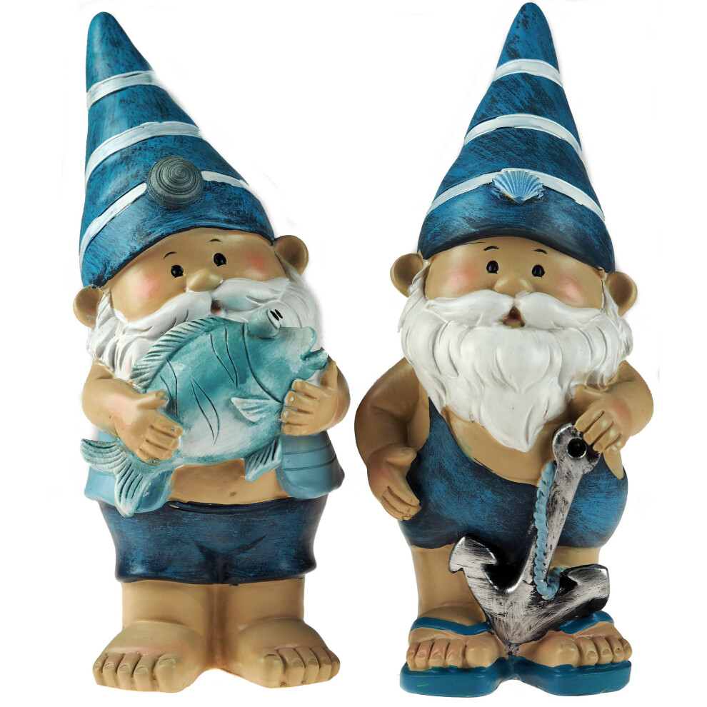 Set Of 2 Blue 21cm Novelty Garden Gnome Ornaments Figurines - Fish / Anchor