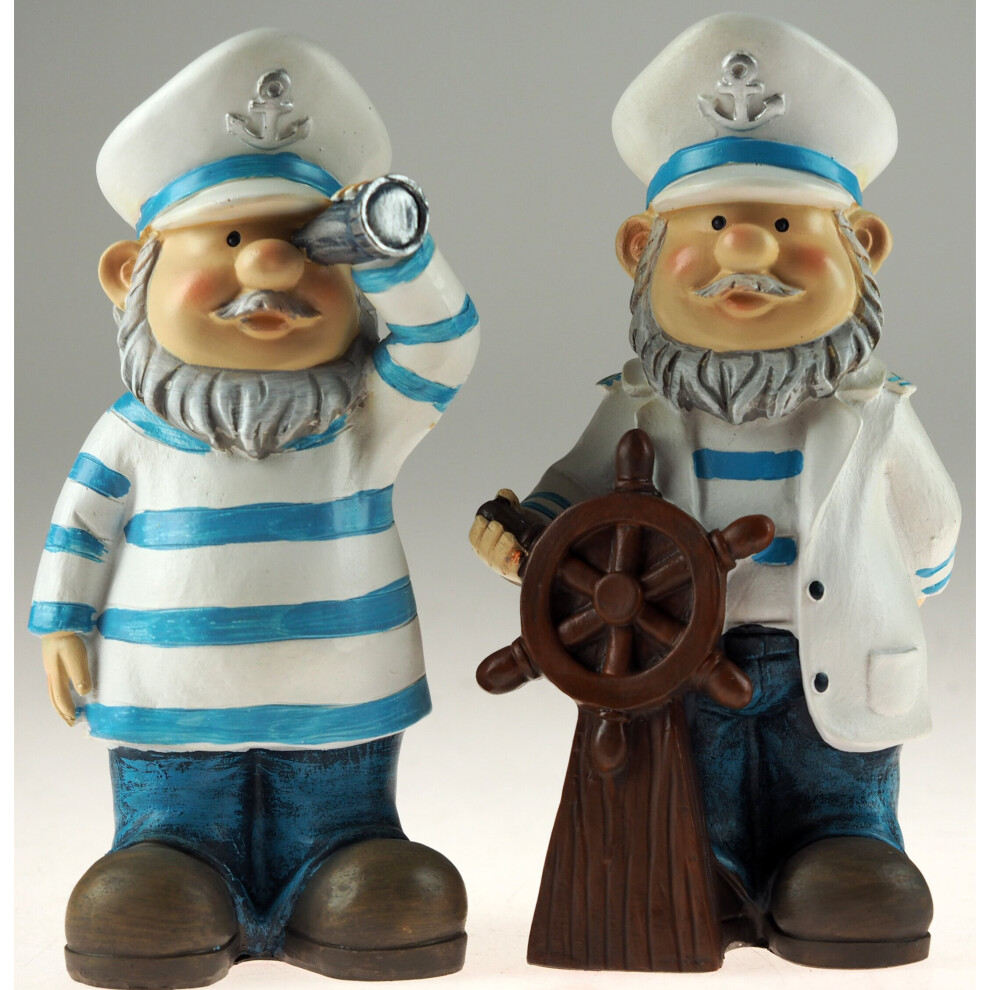 Set Of 2 Blue 20cm Garden Gnome Ornaments Figurines - Ship Captain