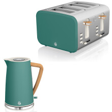 Swan Nordic Green Kitchen Set with 1.7 Litre Kettle and 4 Slice Toaster, Wood Effect and Soft Tough Matte Finish, Stainless Steel, STP2091GREN