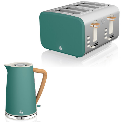 Swan Nordic Green Kitchen Set with 1.7 Litre Kettle and 4 Slice Toaster, Wood Effect and Soft Tough Matte Finish, Stainless Steel, STP2091GREN