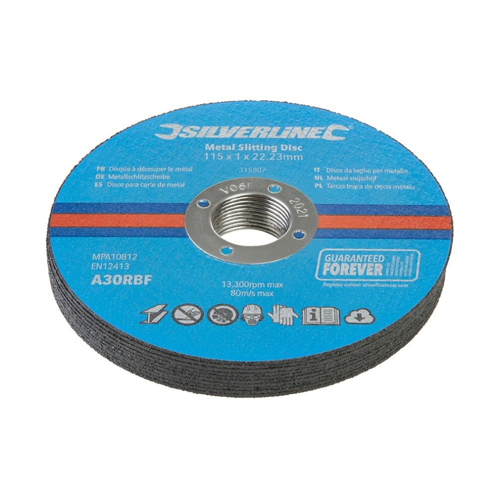 Silverline 115mm x 1mm x 22mm Angle Grinder Thin Metal Cutting Disc Pack x10