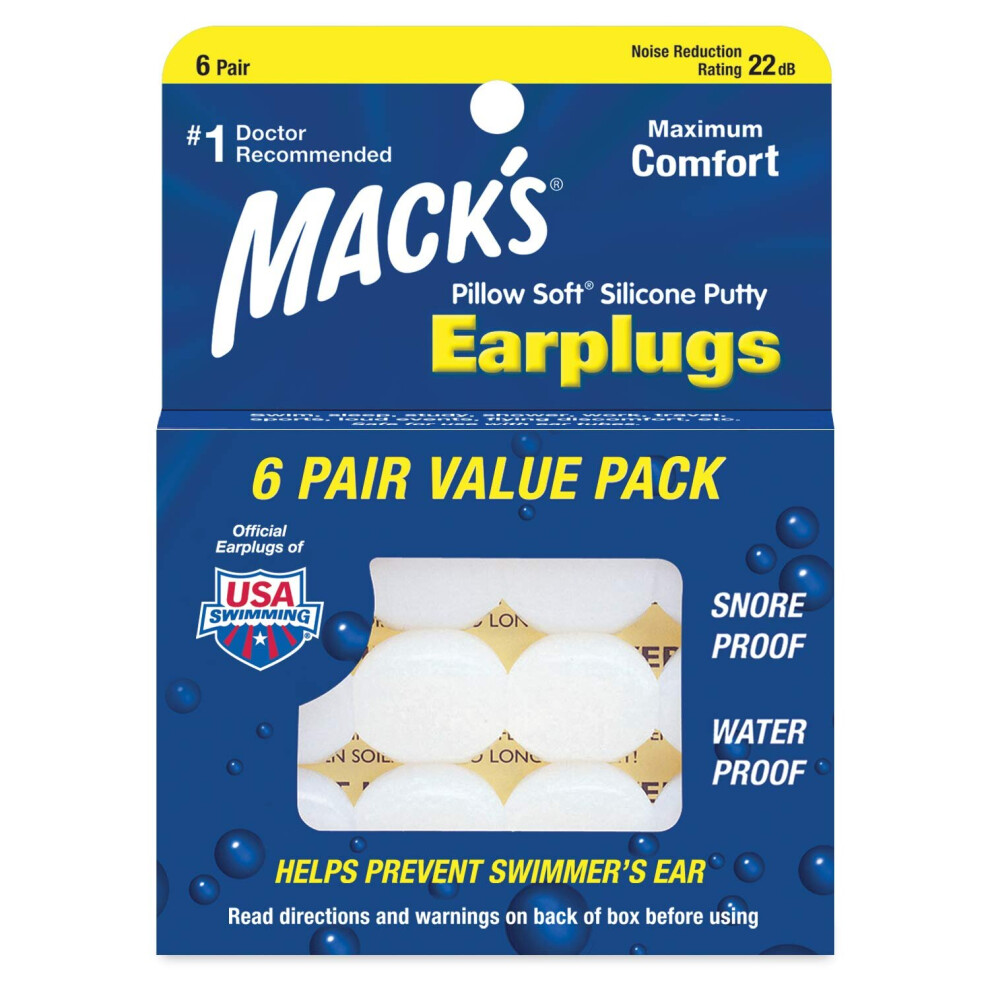 Mack's Pillow Soft Silicone Putty Ear Plugs 6 Pairs Value Pack