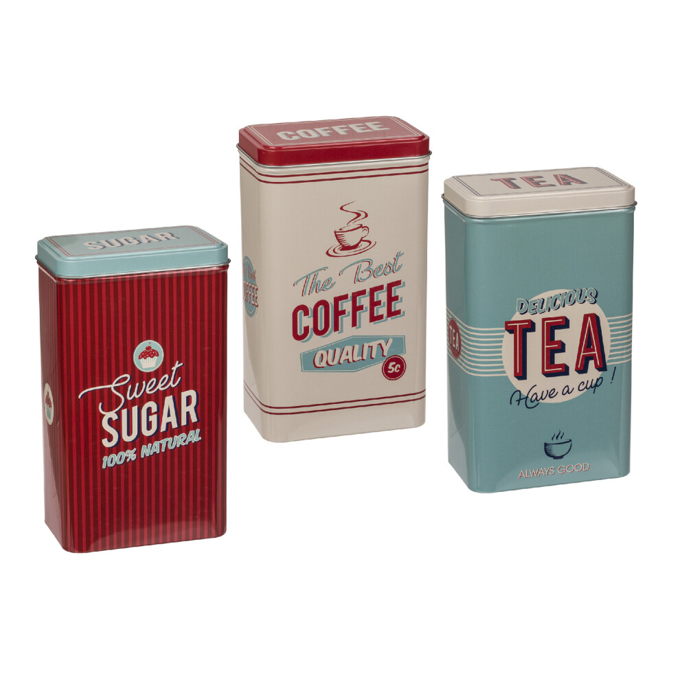 Set Of 3 Rectangular Vintage Tin Tea Coffee Sugar Kitchen Storage Jar Canisters