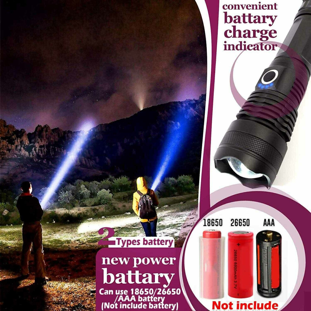 (Flashlight+USB+18650 Battery) High Power 900000Lumens XHP50 Zoom Flashlight LED Rechargeable Torch Headlamp