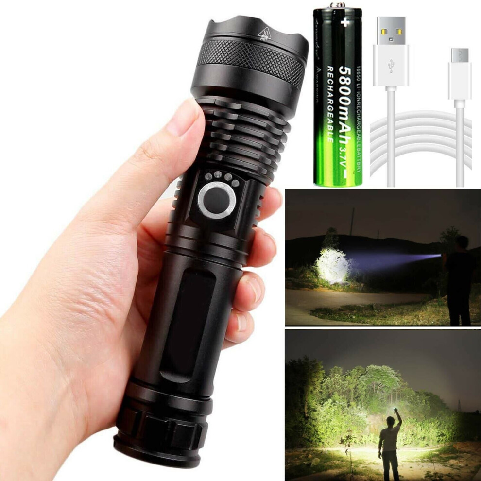 (Flashlight+USB+26650 Battery) High Power 900000Lumens XHP50 Zoom Flashlight LED Rechargeable Torch Headlamp