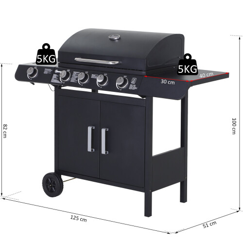 Outsunny Outsunny Gas Barbecue | 4+1 BBQ Grill  With Storage & Side Table 1