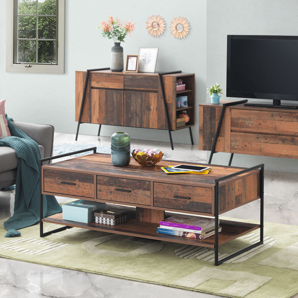 Abbey Coffee Table with 3 Drawers Rustic Industrial Oak Effect Living Room