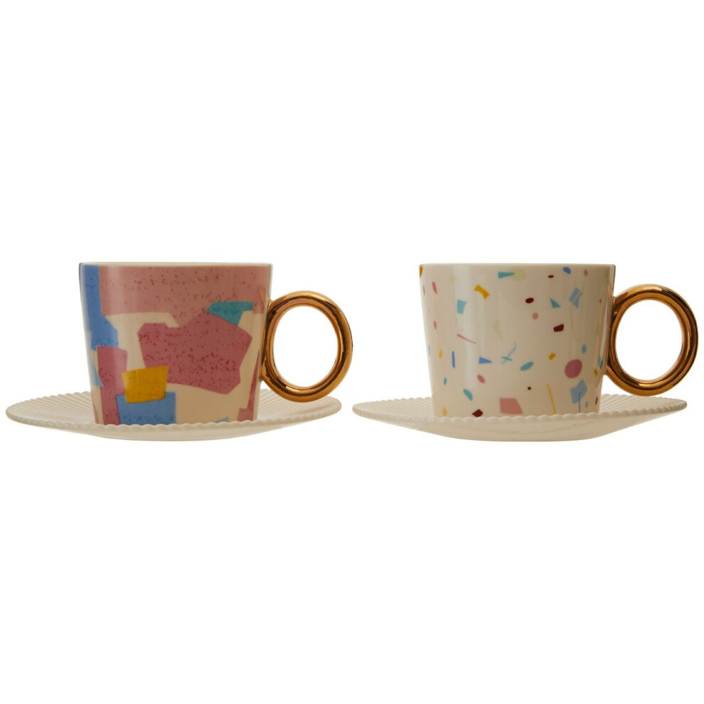 2 Cups And Saucers Set,Tea Cups With Multicoloured Patchy Design,Bone China Coffee Cups With Fluted Saucers