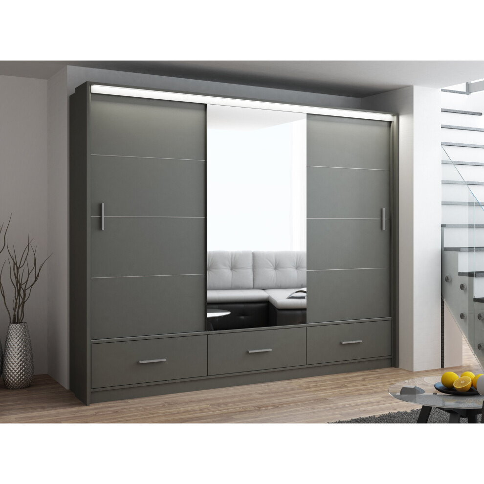 (Grey Mat, 3 door 255 cm width) Sliding door wardrobe Marsylia with mirror and led