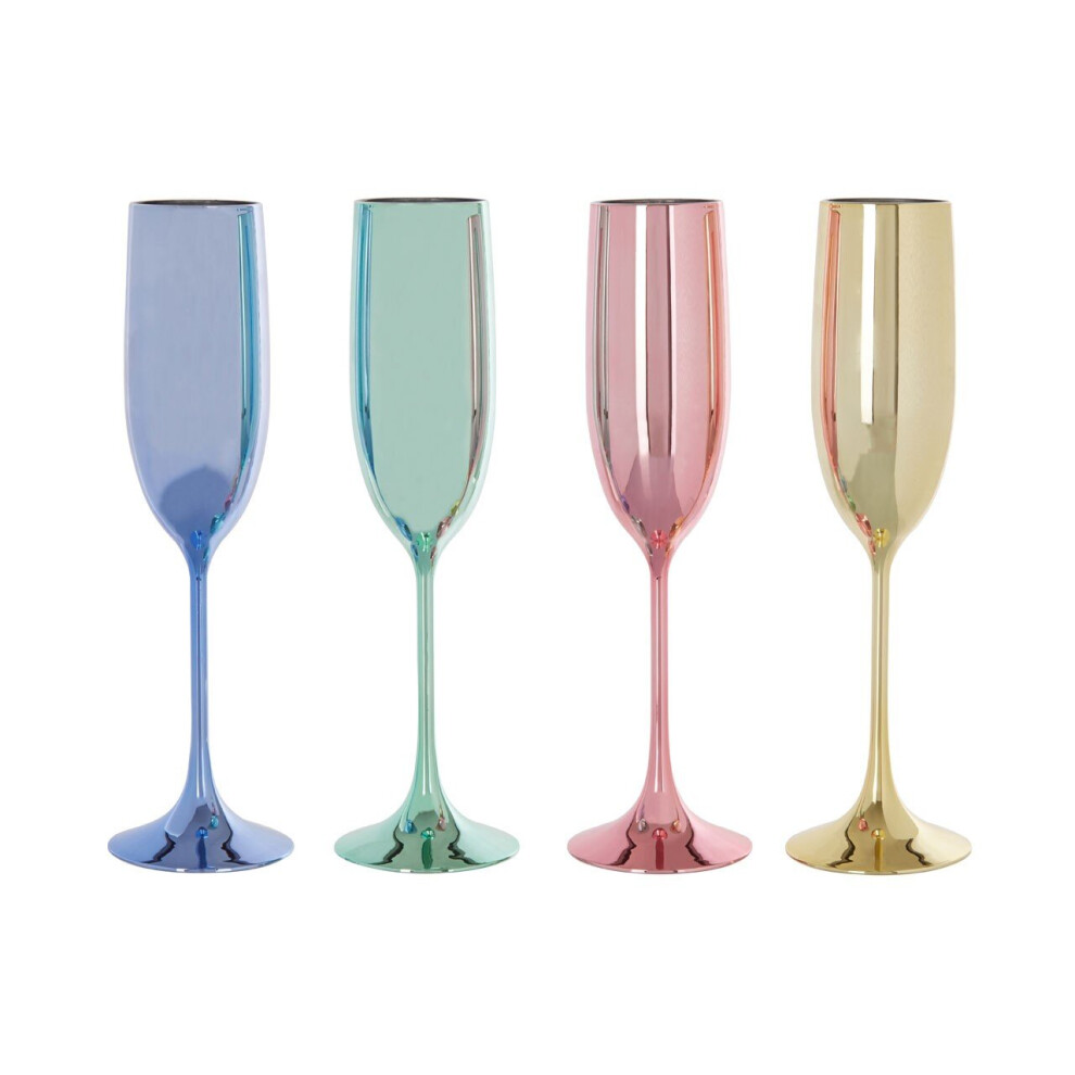 Reflective Set Of 4 Multicolour Champagne Glasses, Assorted Round Bowl Attached To Thin Stem Glasses