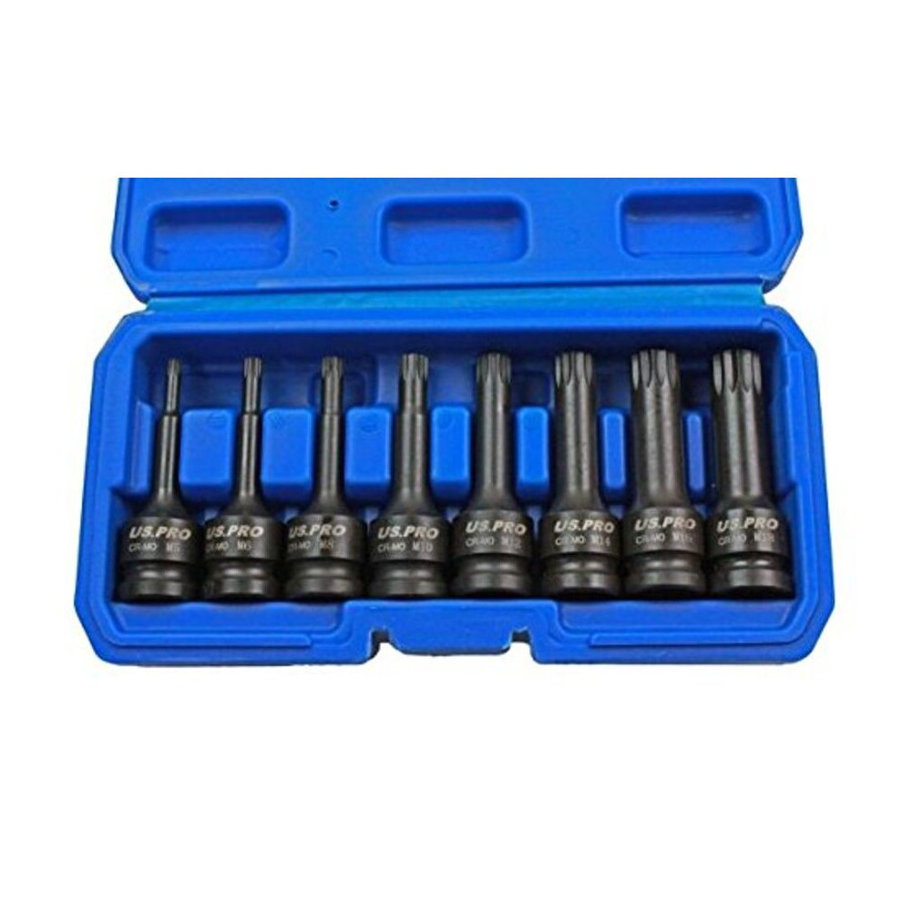 Us Pro by Bergen 8pc 1/2 Impact spline Socket Bit Set M5-M18 Bits Cr-Mo 80mm L