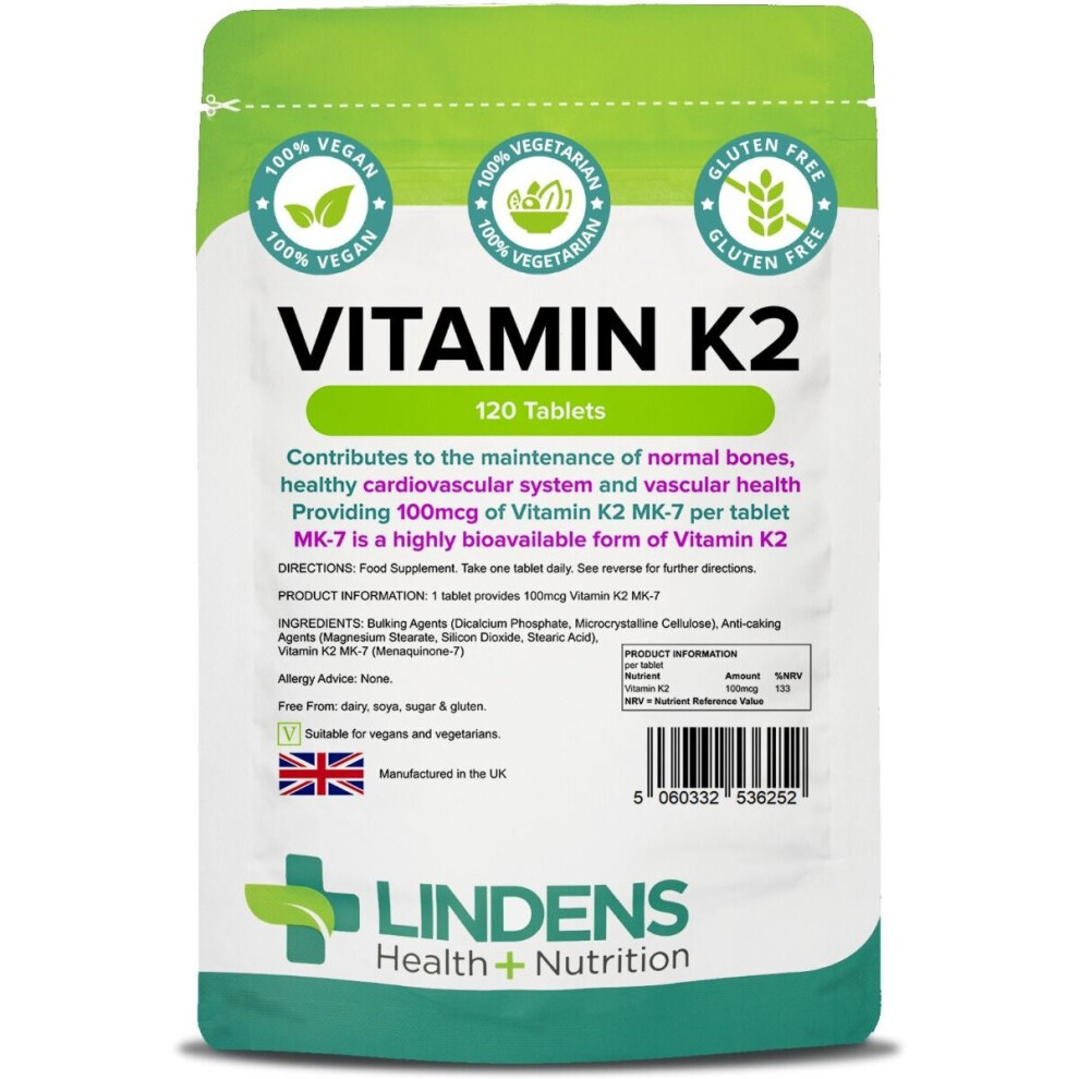 Vitamin K2 100mcg, 120 Tablets, Lindens Health + Nutrition