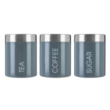 Set of 3 Liberty Tea Coffee Sugar Canisters Jar Stainless Steel Storage Tin Grey