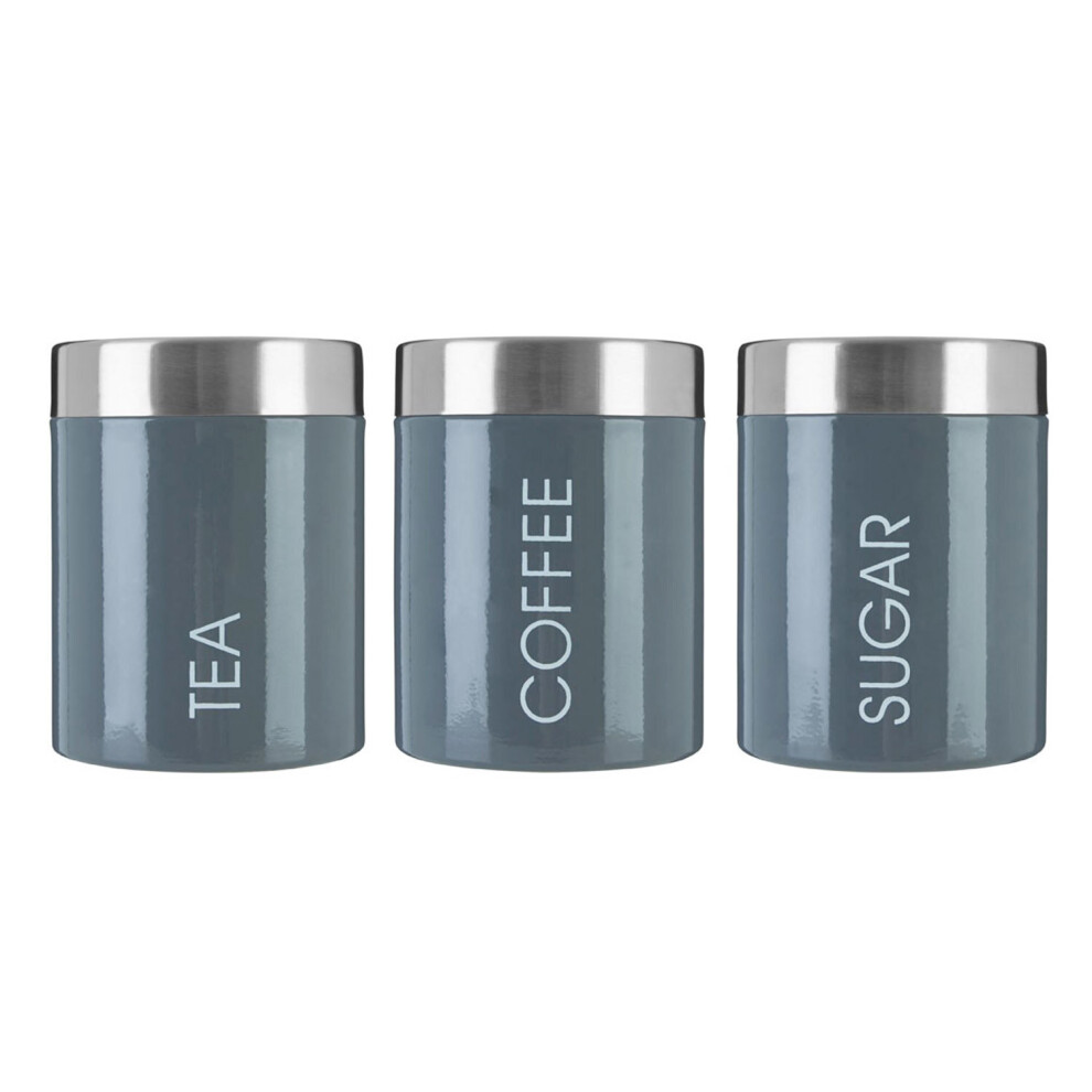 Set of 3 Liberty Tea Coffee Sugar Canisters Jar Stainless Steel Storage Tin Grey