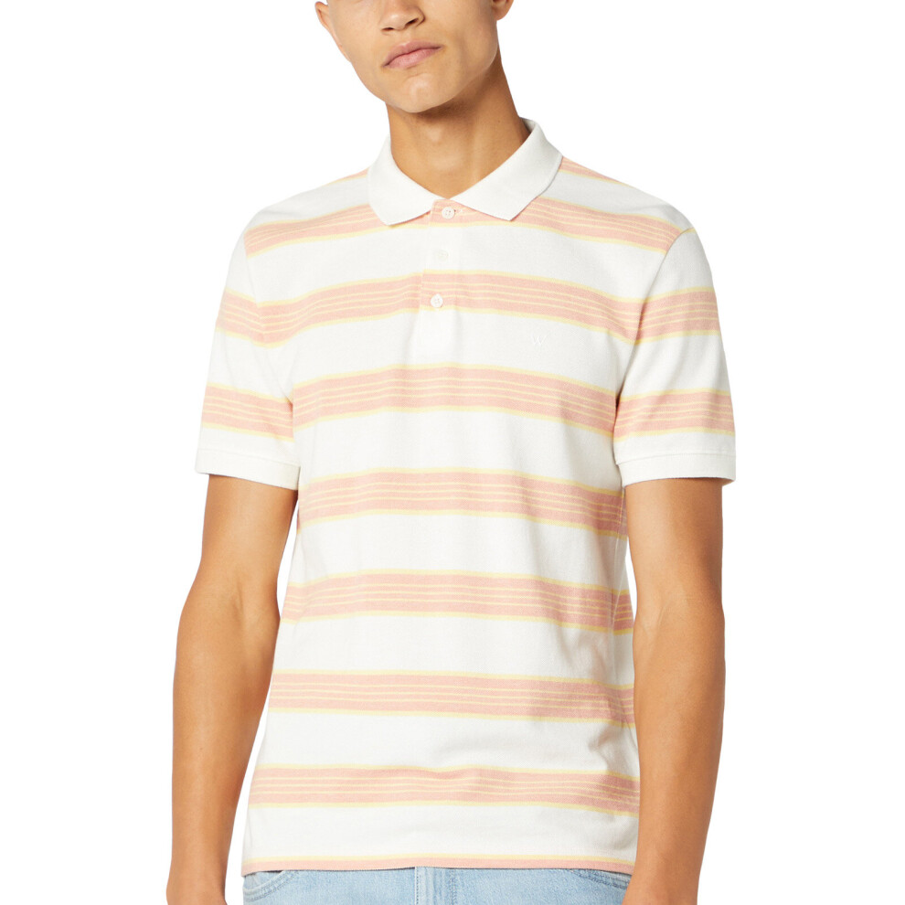 (M, Off White) Wrangler Mens SS Stripe Cotton Short Sleeve Striped Polo Shirt Top - Off White