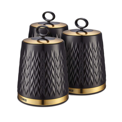 Tower Tower T826091BLK Empire Kitchen Canisters, Tea Coffee Sugar Set, Black