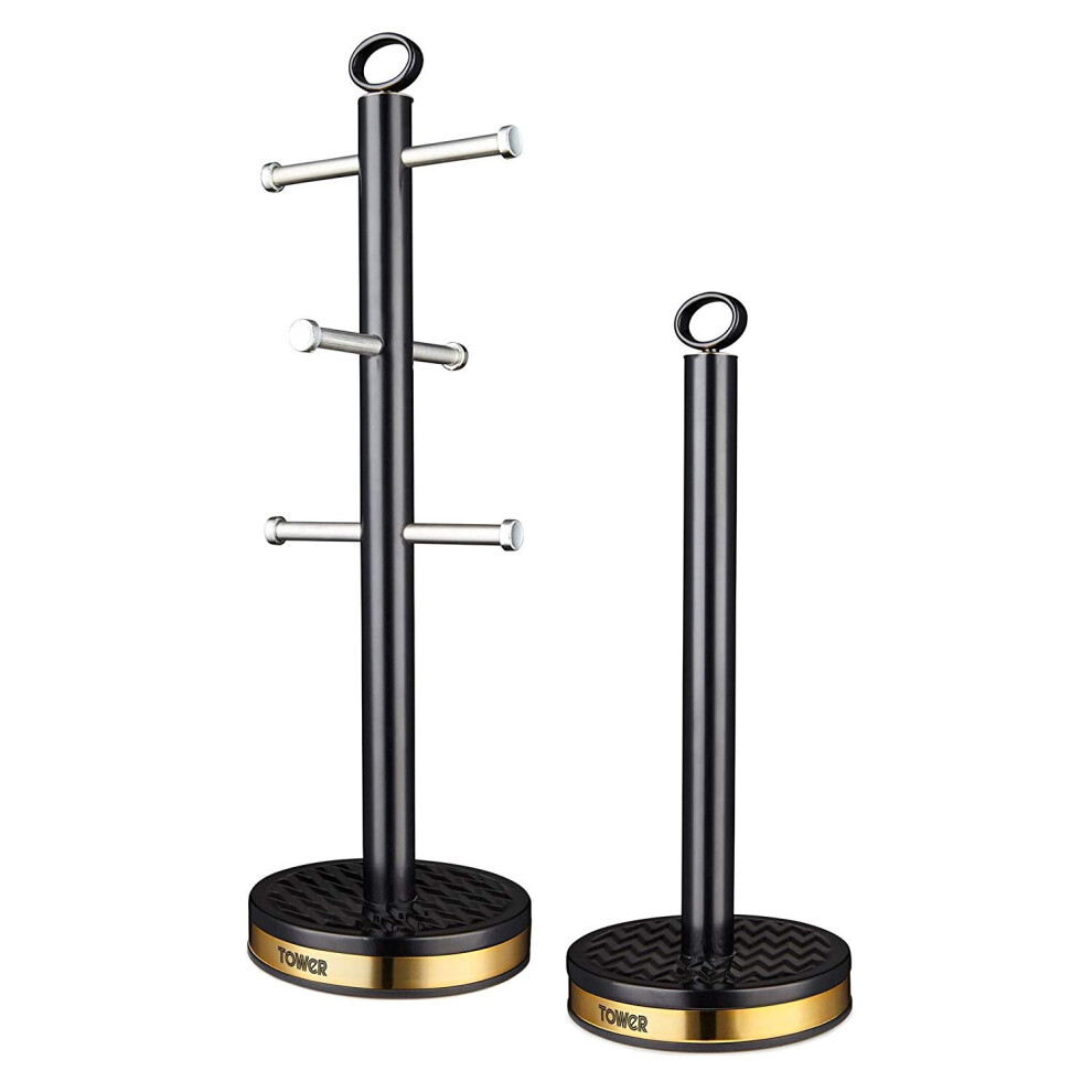 Tower T826092BLK Empire Mug Tree and Kitchen Roll Holder, Black