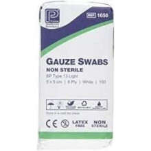 Premier Cotton Gauze Swabs, Non-Sterile, 8 ply, 5cm x 5cm, Pack of 100 (1650)