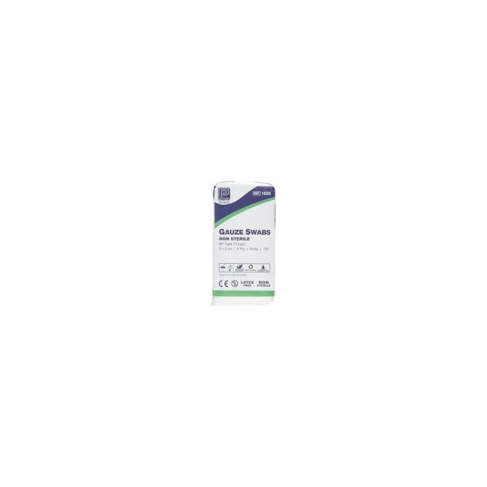 Premier Cotton Gauze Swabs, Non-Sterile, 8 ply, 5cm x 5cm, Pack of 100 (1650)