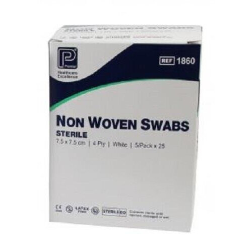 Premier 1860 Sterile Non-Woven Swabs 4 Ply 7.5 cm x 7.5 cm White Sterile 5/Pouch (Pack of 25)