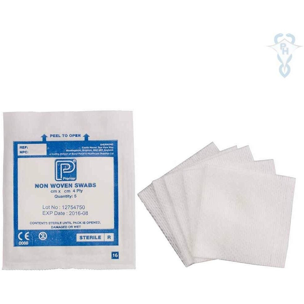 Premier Non-Woven Swabs, Sterile, 4 ply, 10cm x 10cm, 5 / Pouch, Pack of 25 (1870)