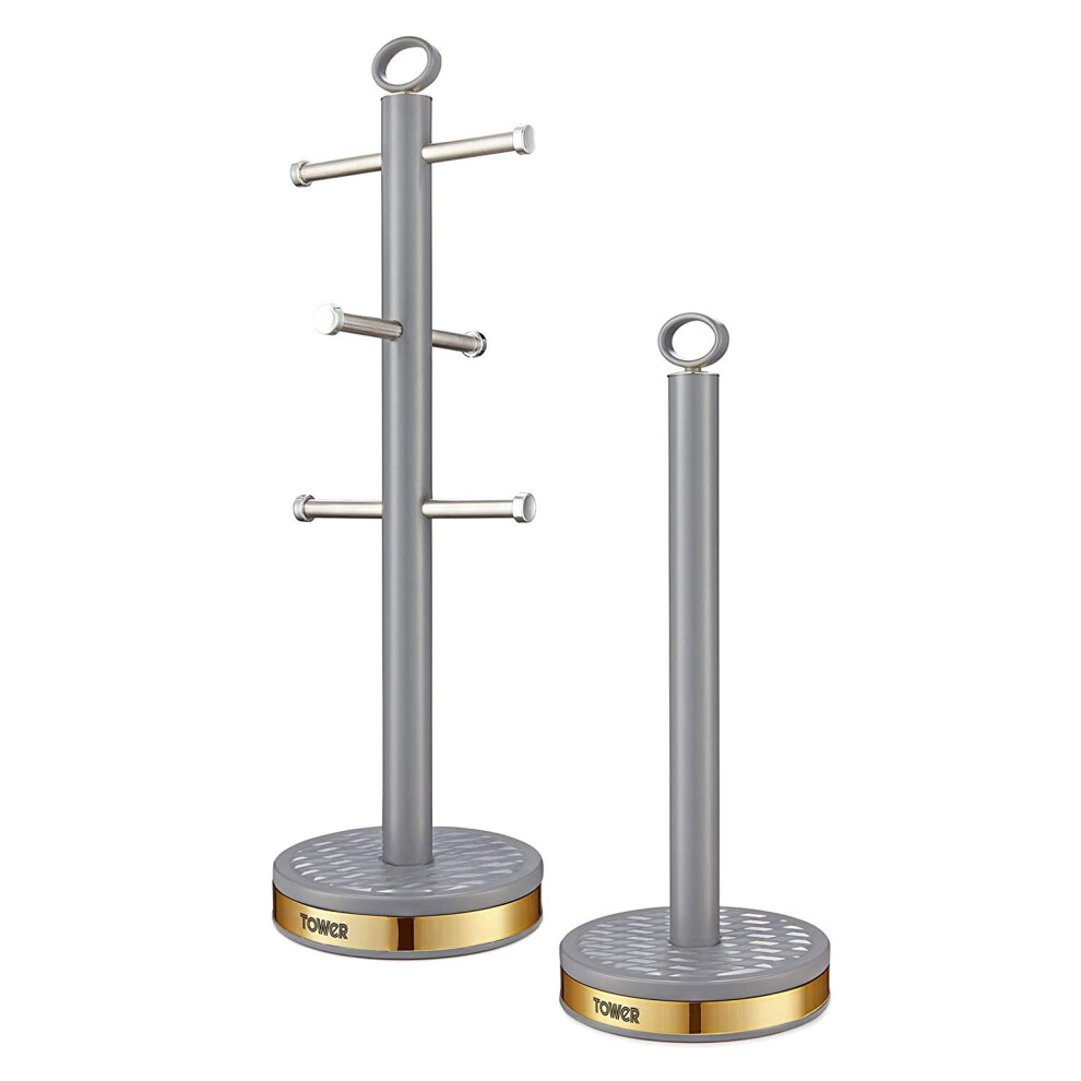 Tower T826092GRY Empire Mug Tree and Kitchen Roll Holder, Grey