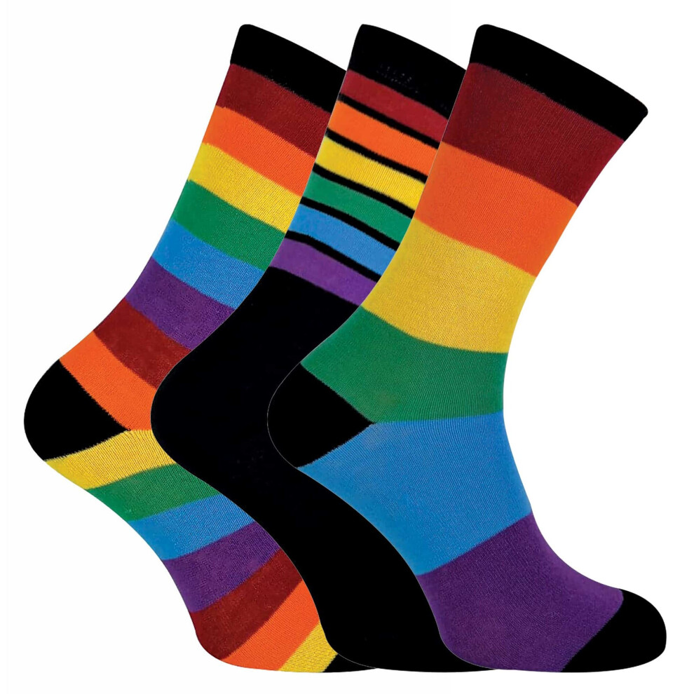(6-11 UK, Rainbow) 3 Pairs Mens Ladies Bright Patterned Striped Cotton Rainbow Socks
