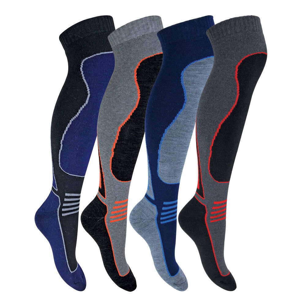 (6-11 UK, SL202 Mens) 4 Pairs Mens Ladies Kids  Long Knee High Wool Blend Ski Socks