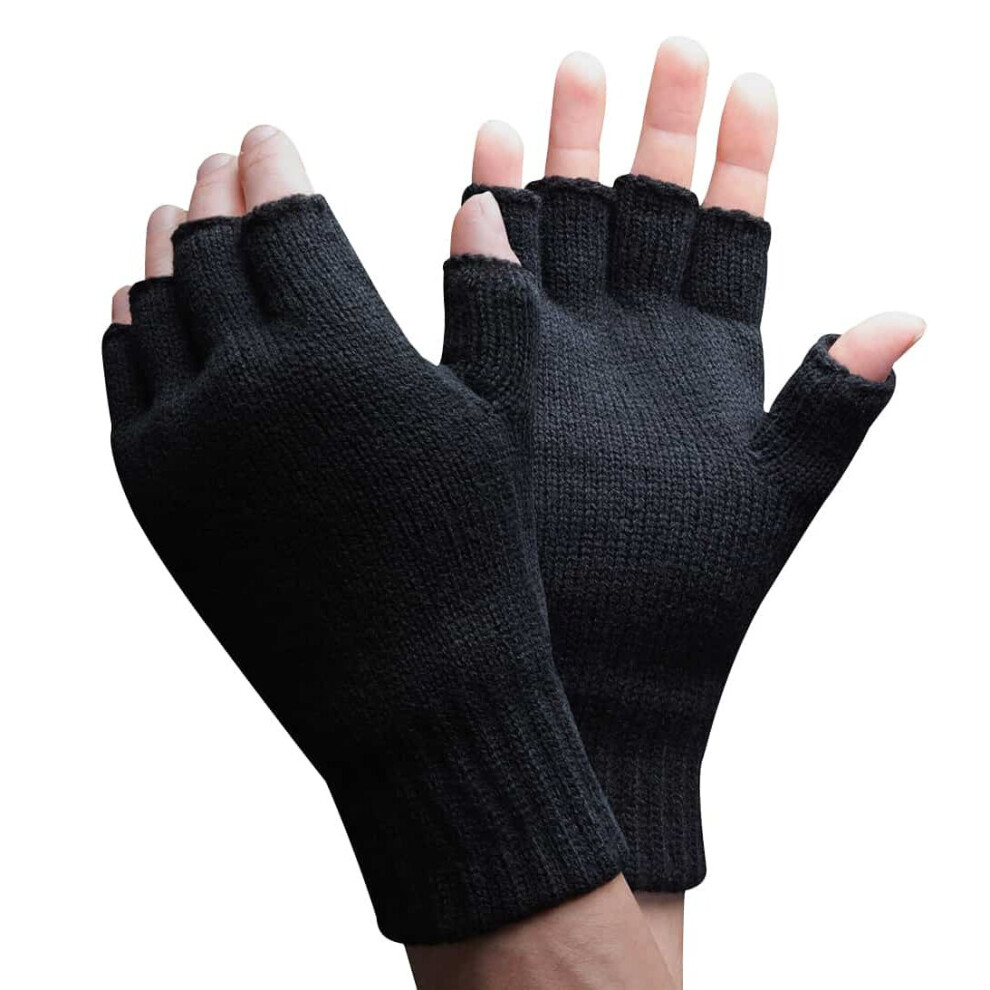 (L/XL, Black) Mens 3M Thinsulate 40 gram Thermal Insulated Black Fingerless Gloves