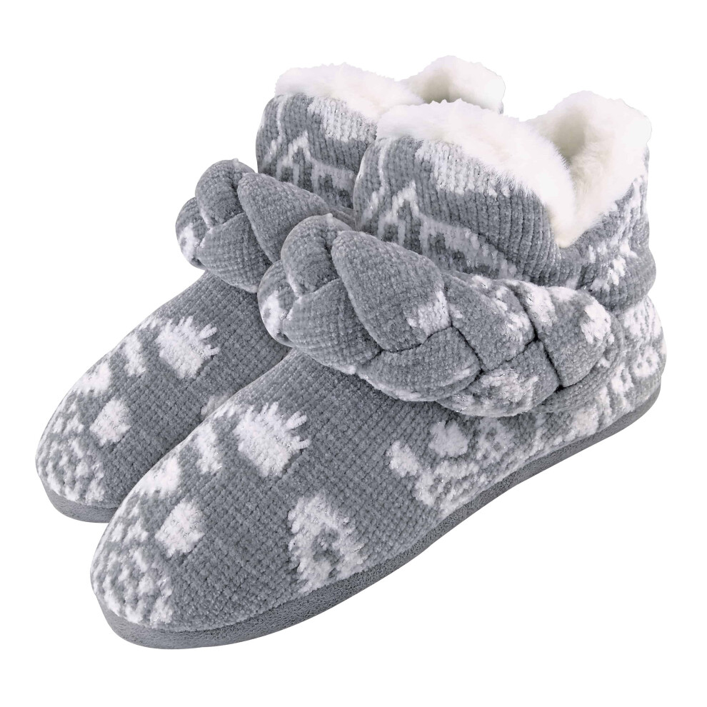 (8 UK, Grey) Ladies Knitted Warm Fleece Slippers / Slipper Boots / Booties