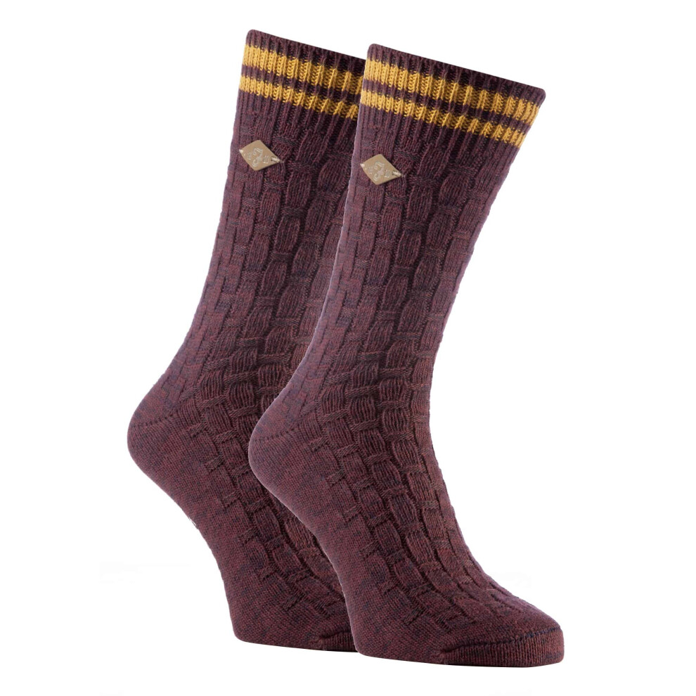 (6-11 UK, Burgundy) 2 Pack Mens Thick Cotton Chunky Knitted Formal Boot Socks