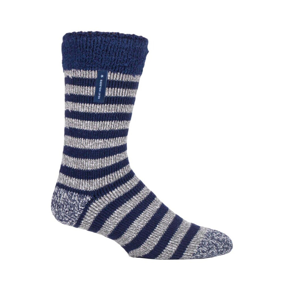 (6-11 UK, Navy Stripe (Lumi)) HEAT HOLDERS - Mens Warm Luxury Fleece Lined Lounge Bed Socks