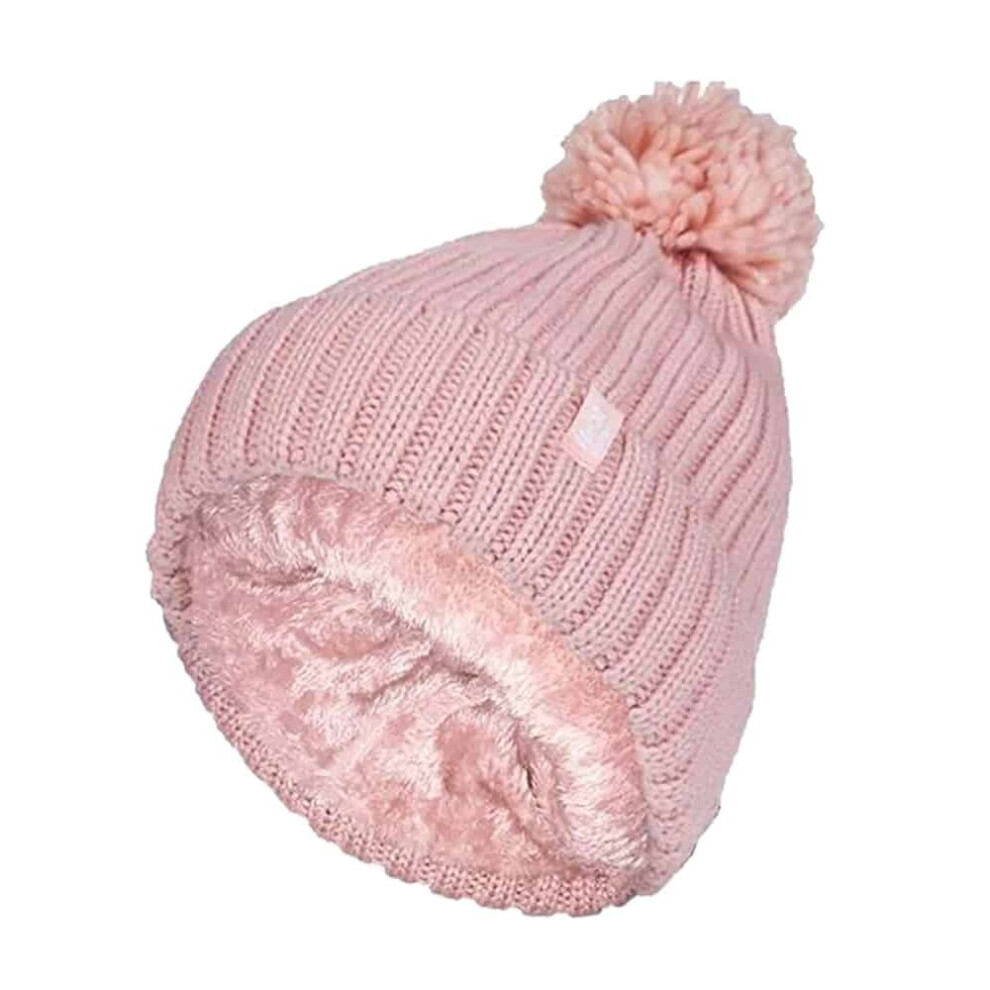 (One Size, Coral) Ladies Ribbed Cuffed Thermal Insulated Winter Pom Pom Bobble Hat