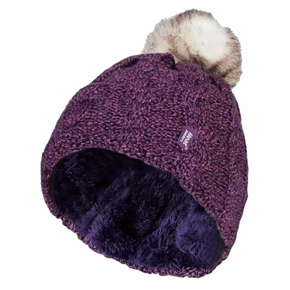 (One Size, Purple) Heat Holders - Ladies Knit Fleece Lined Thermal Bobble Hat with Pom Pom