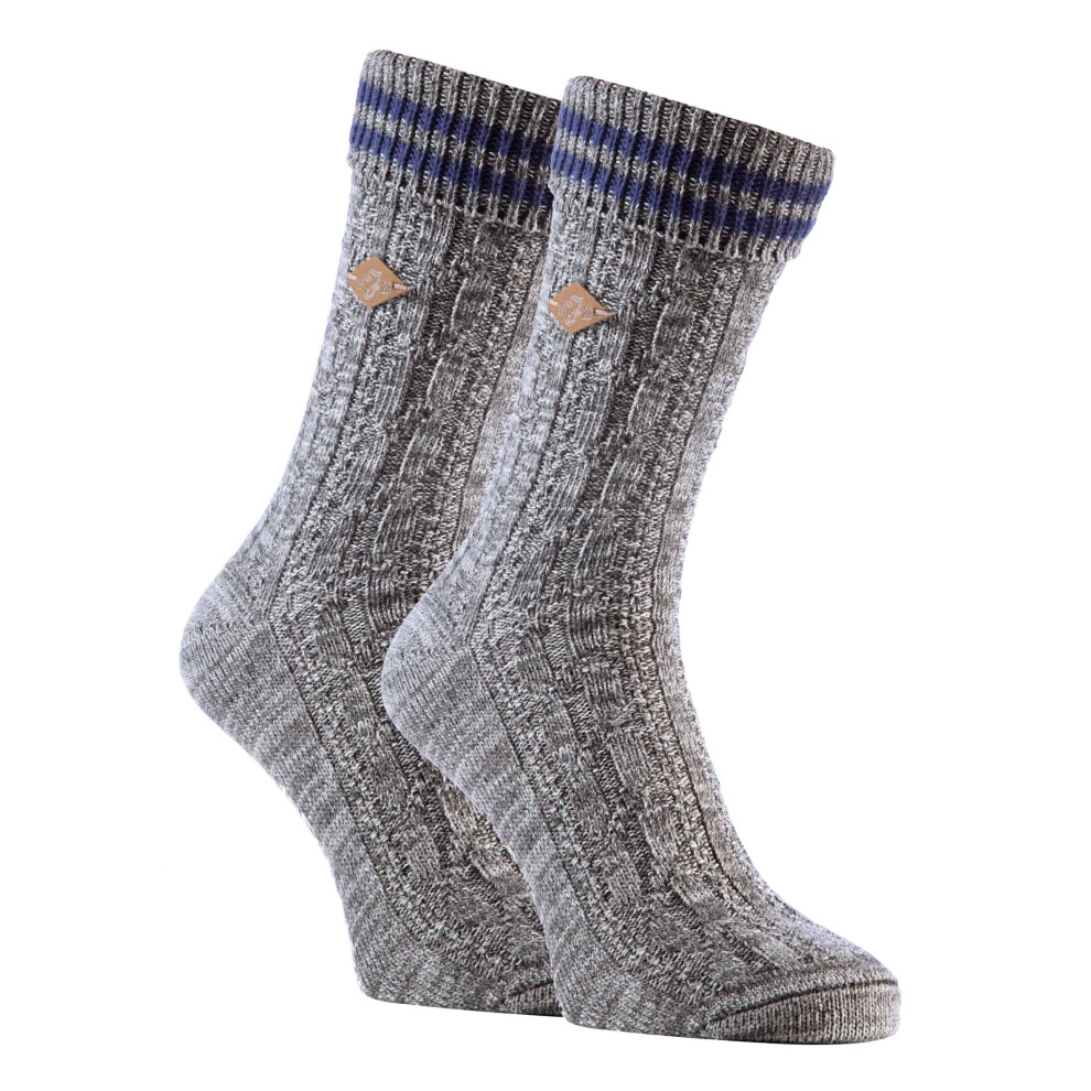 (6-11 UK, Grey / Blue) 2 Pack Mens  Cable Knit Cotton Boot Dress Socks with Turn Over Top