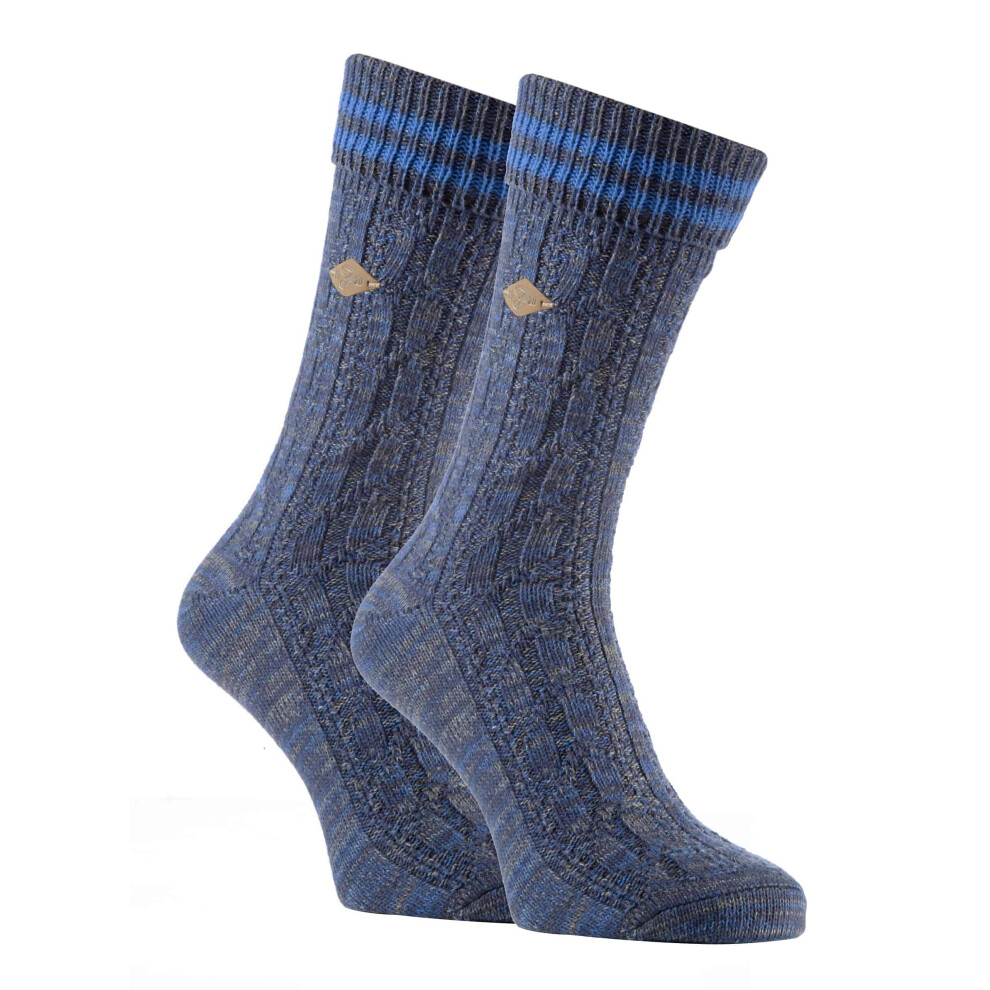 (6-11 UK, Blue / Blue) 2 Pack Mens  Cable Knit Cotton Boot Dress Socks with Turn Over Top