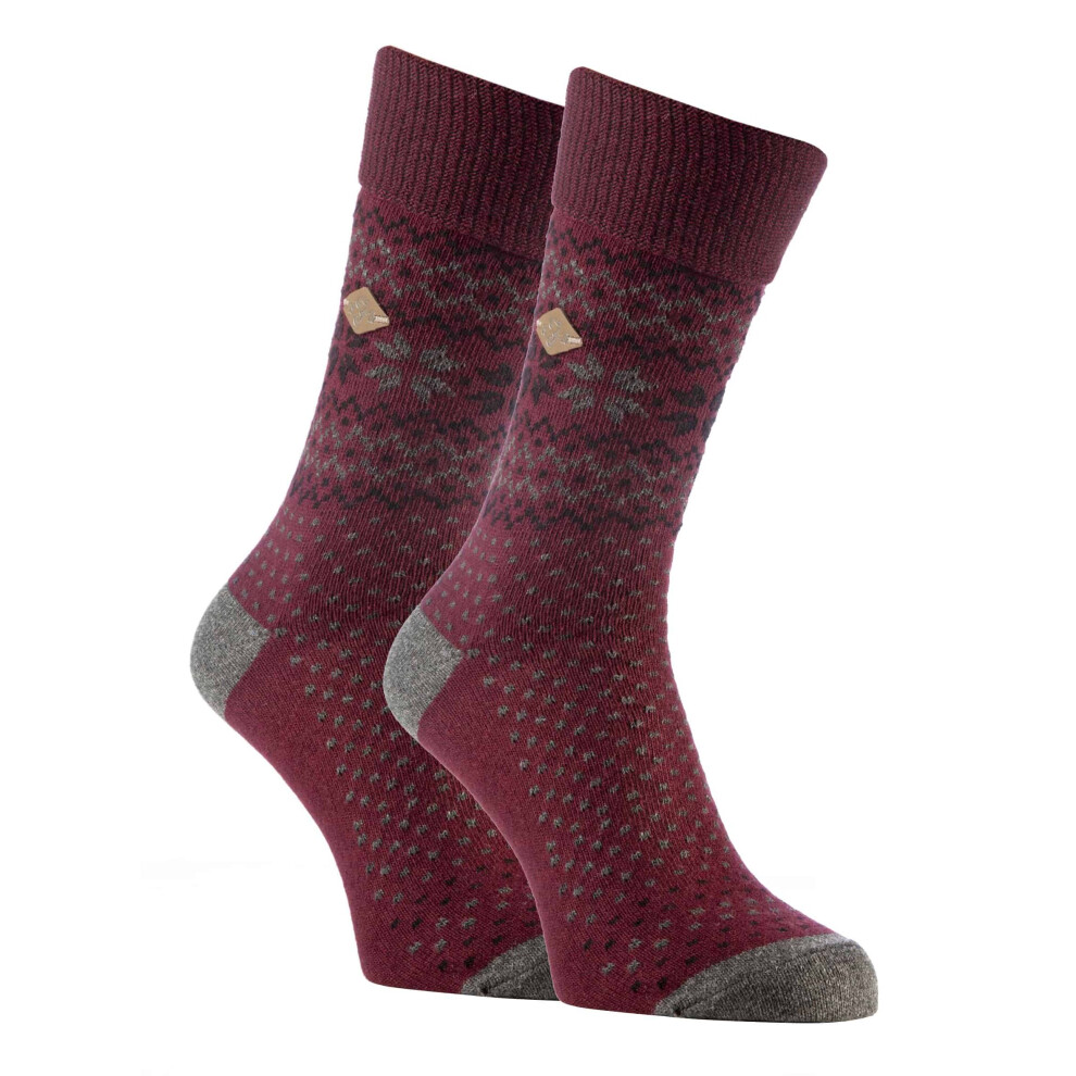 (6-11 UK, Red / Grey) 2 Pack Mens Winter Fairisle Patterned Formal Dress Socks for Boots