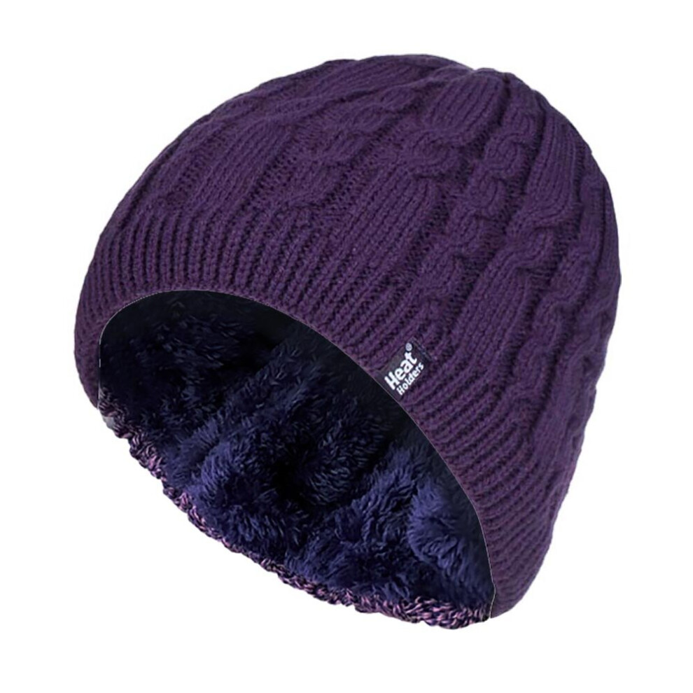 (One Size, Purple) Womens Ribbed Cable Knit Fleece Lined Thermal Knitted Beanie Hat