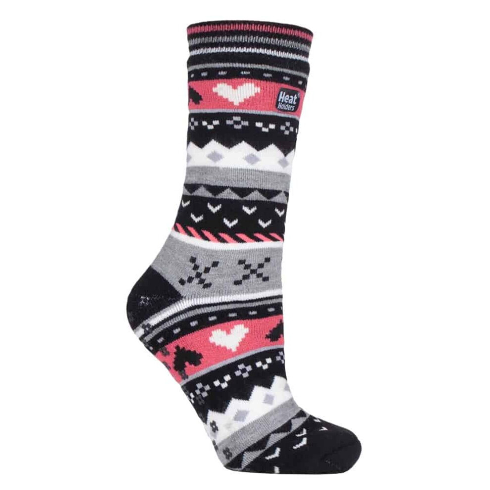 (4-8 UK, Black / Coral) Ladies Fairisle Nordic Winter Non Slip Thermal Slipper Socks