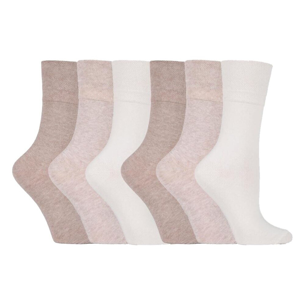 (4-8 UK, Cream) Ladies 6 pack non elastic diabetic socks with hand linked toe seams