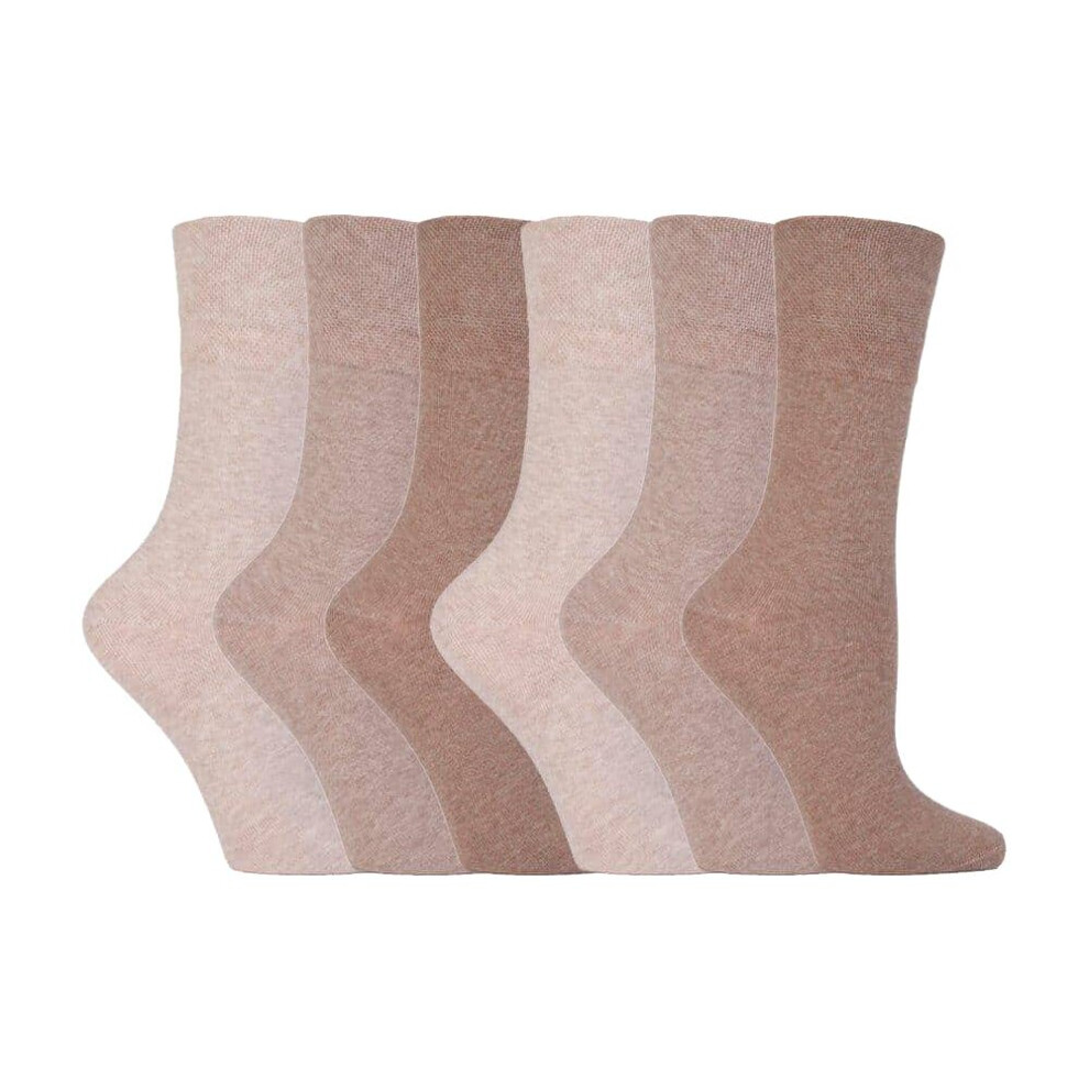 (4-8 UK, Beige) Ladies 6 pack non elastic diabetic socks with hand linked toe seams