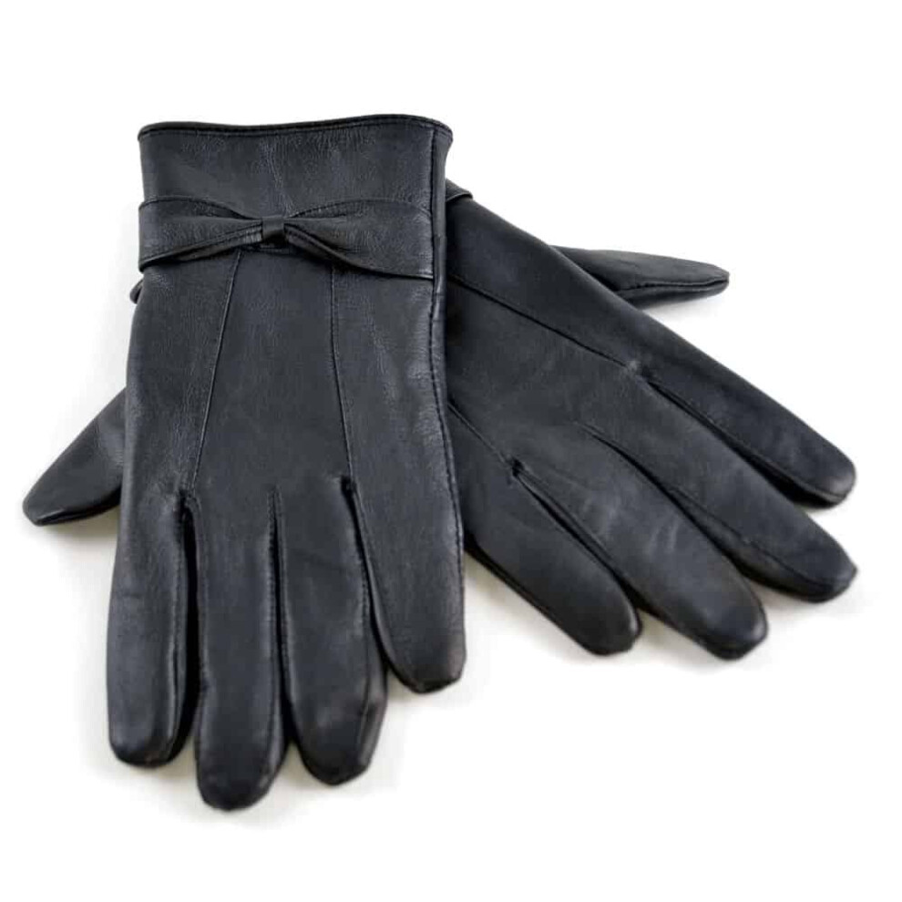 (S/M, Black) Ladies Womens Fleece Lined Warm Sheepskin Leather Gloves with Bow