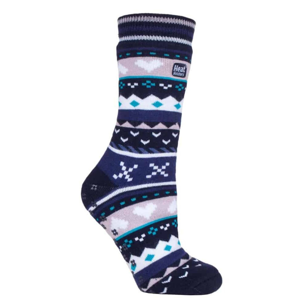 (4-8 UK, Navy / Purple) Ladies Fairisle Nordic Winter Non Slip Thermal Slipper Socks